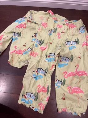nick & nora sleepwear pajama pants & top set  retro summer flamingo print small